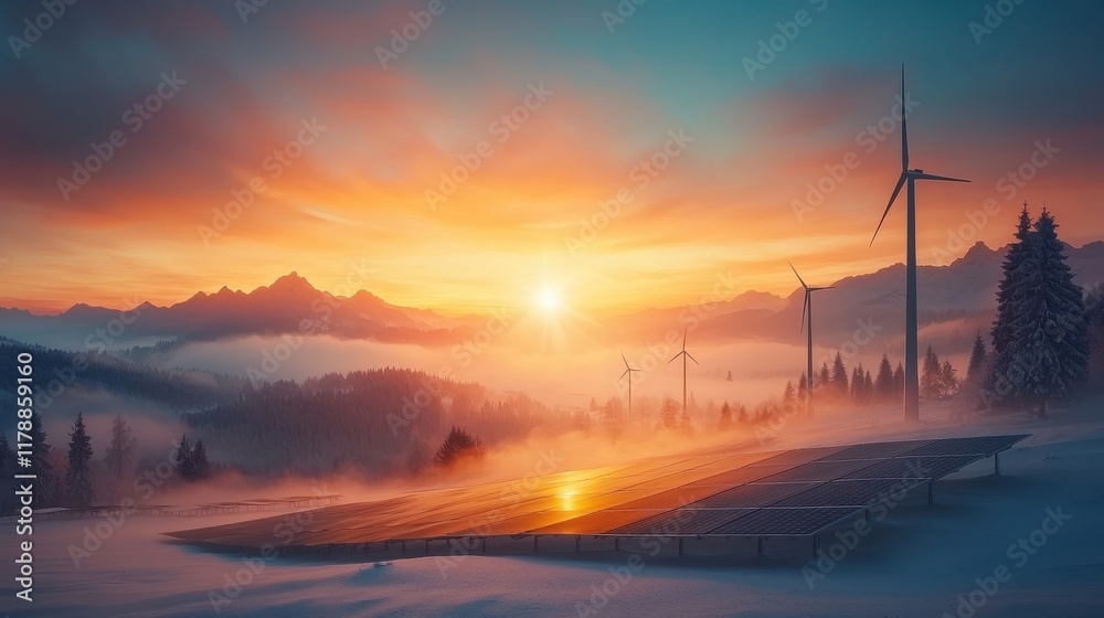 Obraz premium Renewable energy showcase winter solar farm and wind turbines majestic mountains gigapixel landscape frosty environment vibrant sunrise