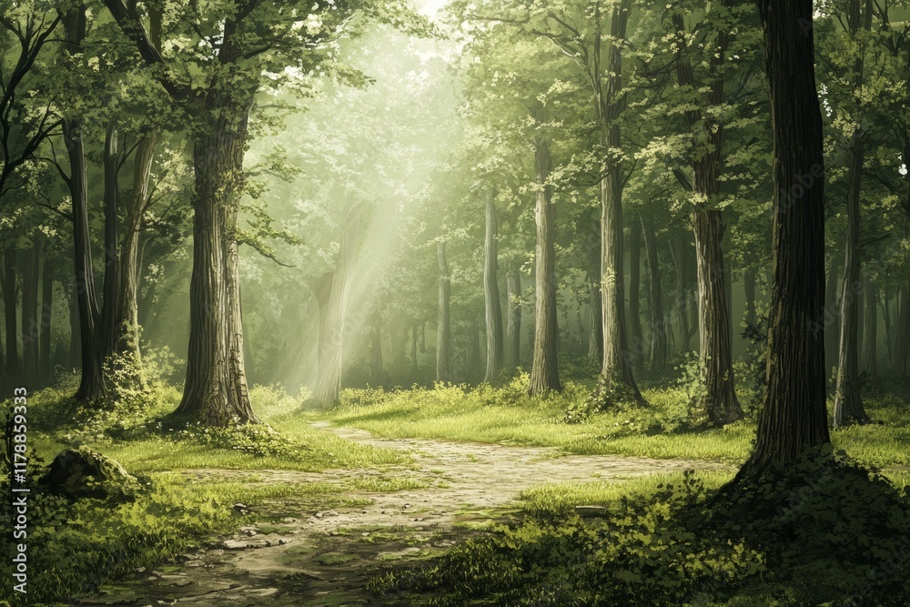 Fototapeta premium Enchanted Forest Pathway , Sunlight Illuminates the Woods