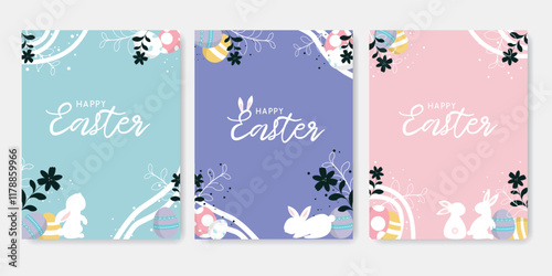 Easter wishes poster background set. Happy easter sunday collection with eggs, rabbit and flowers. vector illustration for website, invitation, postcard and poster.