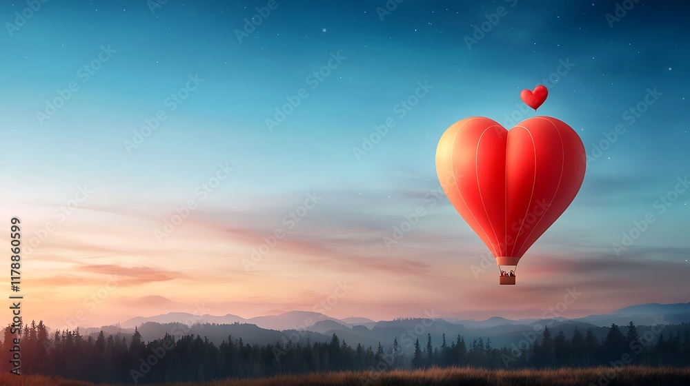 Fototapeta premium Heart shaped hot air balloon silhouetted against a glowing vibrant evening sky drifting over a serene picturesque mountainous landscape This magical