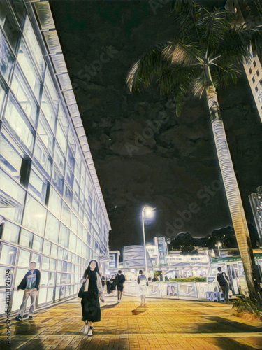 A colored pencil illustration featuring a street view in a dark night.