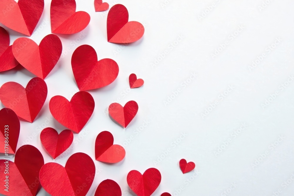 Scattered red paper hearts on white canvas background, surface, cute Scattered red paper hearts on white canvas background, surface, cute