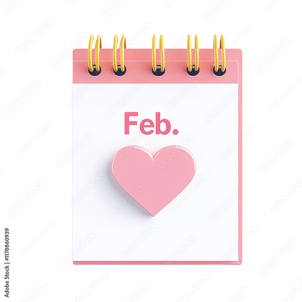 A pink spiral calendar page displaying February and features a pink heart icon. A pink spiral calendar page displaying February and features a pink heart icon.