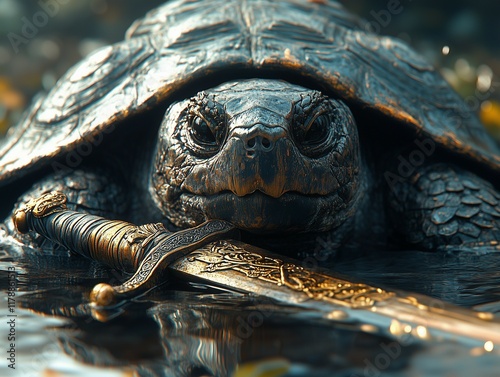 Hoan Kiem turtle Kim Quy from Vietnamese legend holds a sword in its mouth