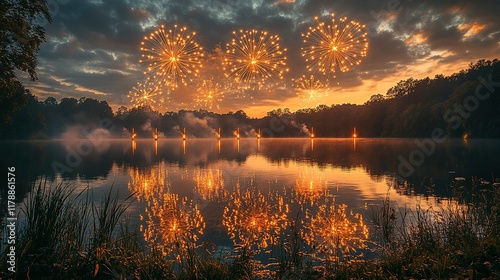 Fireworks Display Over Serene Lake at Sunset photo