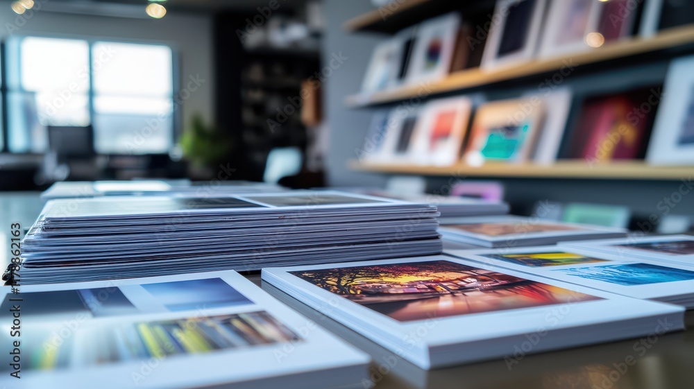 A neatly arranged collection of printed photographs lies on a table, with colorful images displayed on shelves in the background. A neatly arranged collection of printed photographs lies on a table, with colorful images displayed on shelves in the background.
