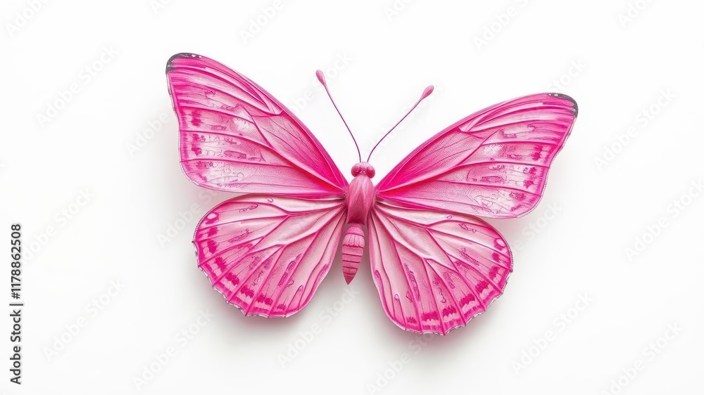 Obraz premium Pink butterfly with intricate patterns and delicate wings, against a clean white background, vibrant, delicate
