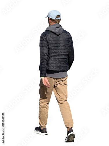 Full-body isolated image of a man in a black jacket, beige pants, and light blue cap, walking away. Ideal for 3D rendering, architectural visualization, and creative projects. Cutout Rear View
