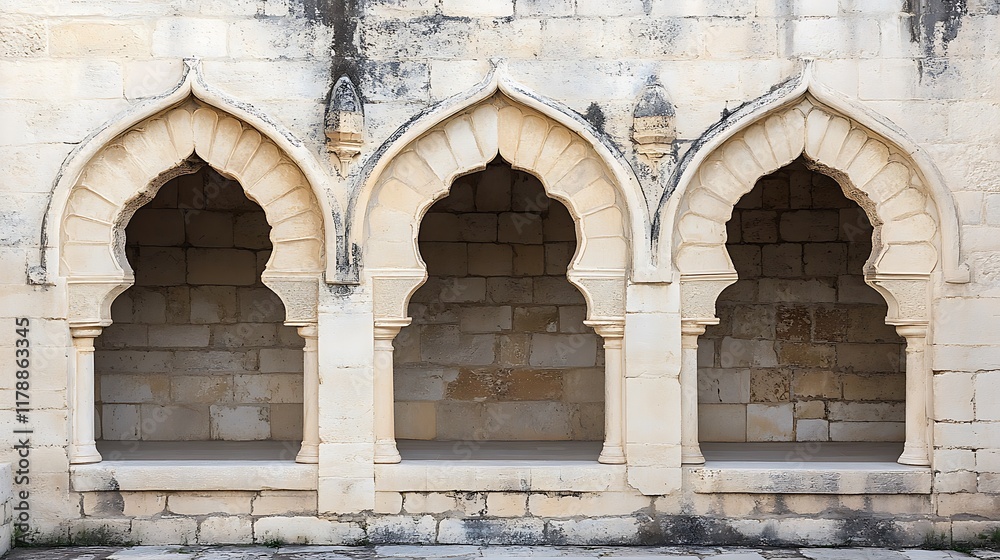 Three Ornate Stone Arches in an Ancient Wall Three Ornate Stone Arches in an Ancient Wall