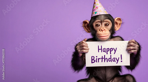 A happy-birthday card is held by a monkey wearing a party hat. photo