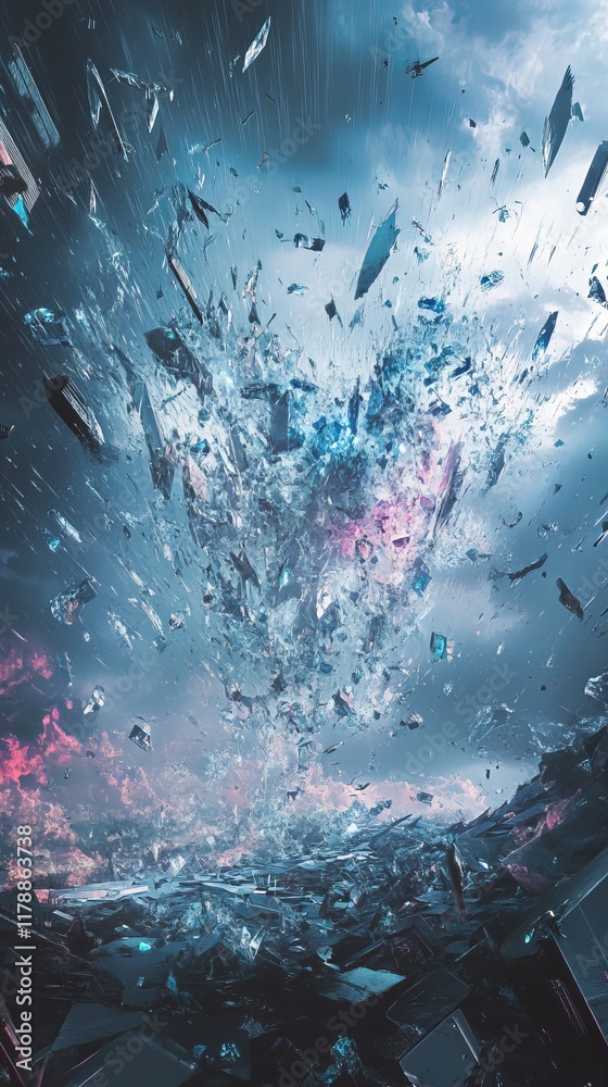 Fototapeta premium A stunning abstract image of a heart made from shattered glass, set against a dramatic sky with vibrant colors and dynamic motion.