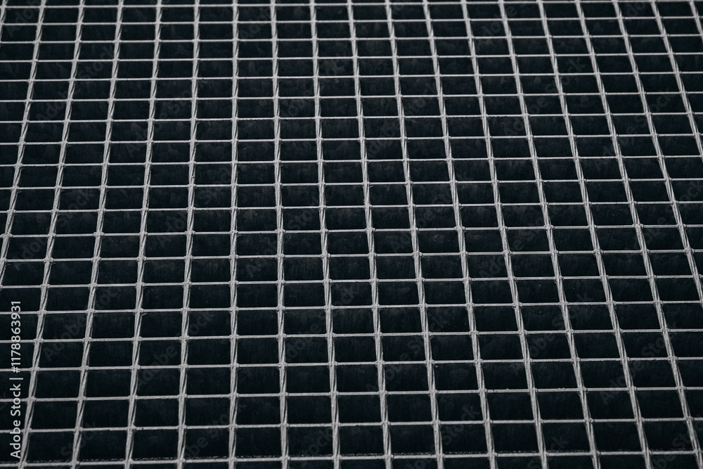 Grid pattern of a metal grate on a dark surface in a well-lit environment Grid pattern of a metal grate on a dark surface in a well-lit environment