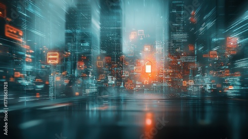 Advanced ransomware mitigation techniques in a futuristic urban environment digital visualization cybersecurity landscape high-tech cityscape perspective