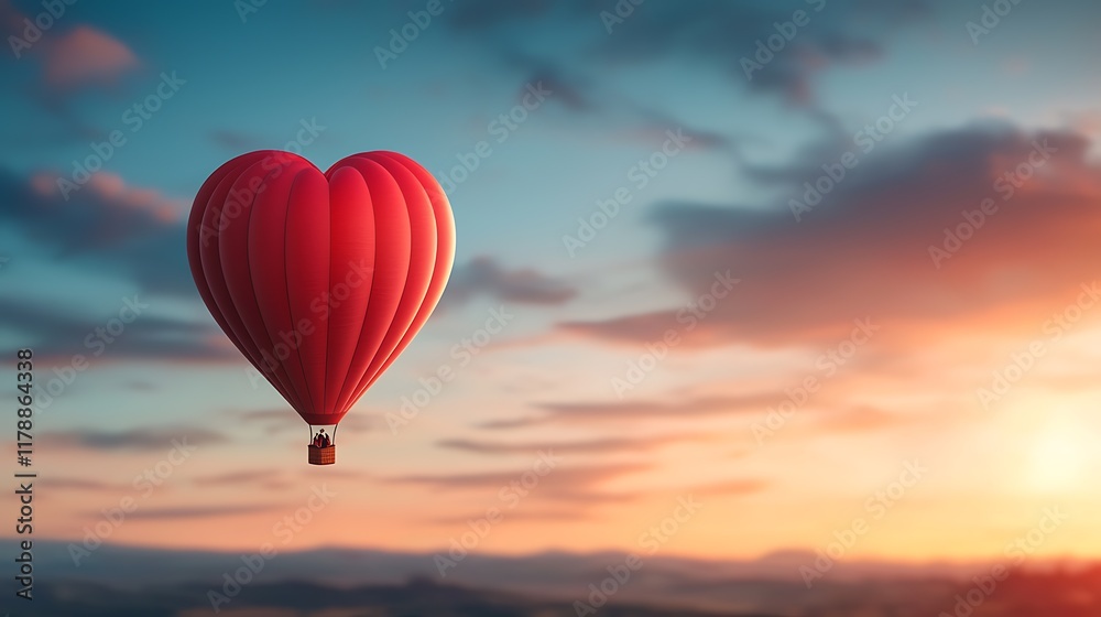Fototapeta premium Romantic heart shaped hot air balloon gracefully soaring through a vibrant and colorful sunset sky creating a captivating and serene scene of natural beauty and wonder