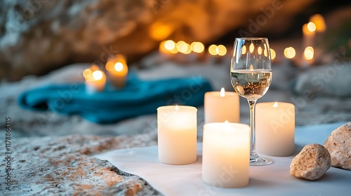 Cozy and intimate candlelit dinner setting in a luxurious and secluded cave like environment creating a romantic and enchanting atmosphere perfect for a special occasion date night photo