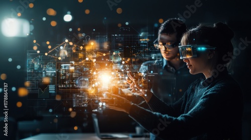 Holographic collaboration of figures around a glowing tablet futuristic workspace digital art high-tech environment close-up perspective innovative technology concept