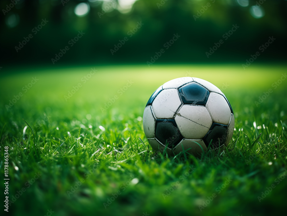 Fototapeta premium Football on the Field: Close-Up with Detailed Grass and Vibrant Sports Aesthetic