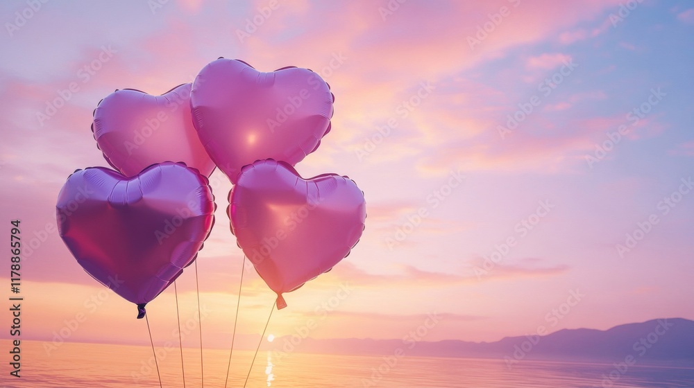 Obraz premium Pink Heart Balloons Float at Sunset Over Water