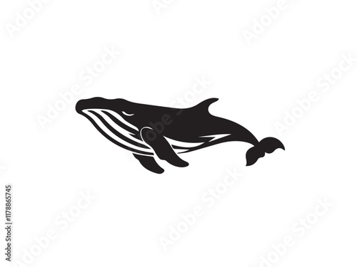 Black whale silhouette. Vector illustration of a whale silhouette. Vector black silhouette of a whale isolated on a white background.	