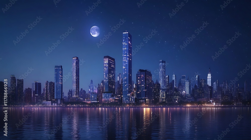Obraz premium Night Cityscape: Manhattan Skyline Under a Full Moon