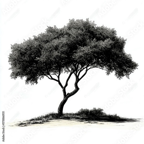 Monochrome Tree Ink Drawing: Elegant Botanical Illustration, Nature Sketch, Black and White Graphic Design