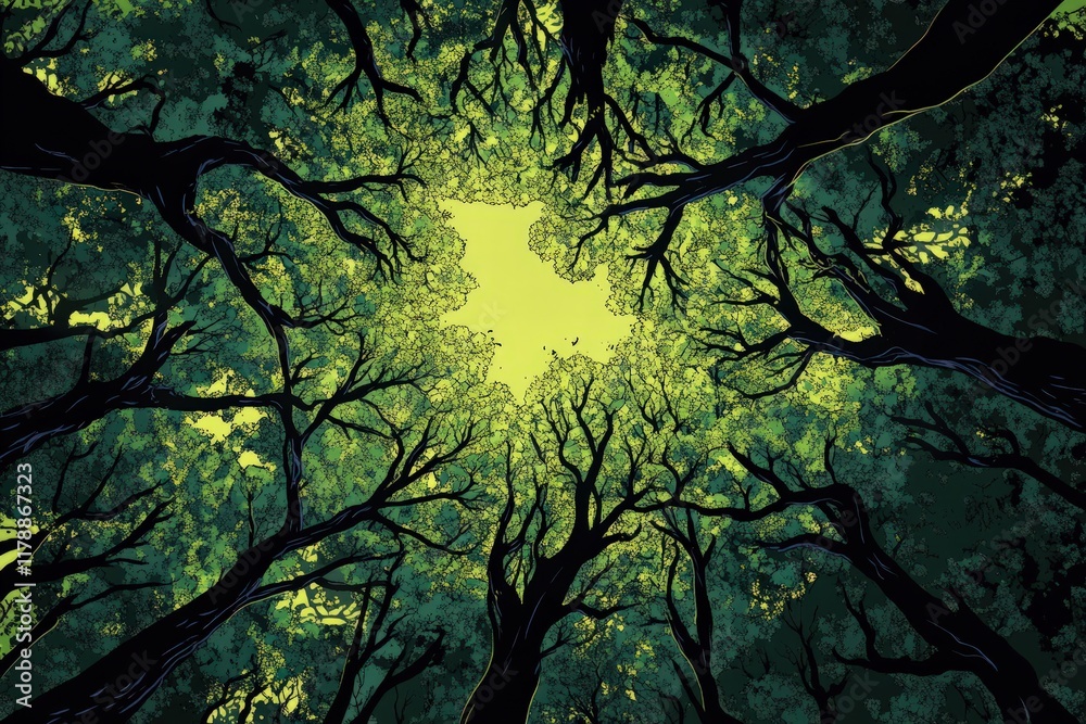 Obraz premium Rainforest preservation poster, intricate tree canopy illustrations, dark greens, and empowering slogans