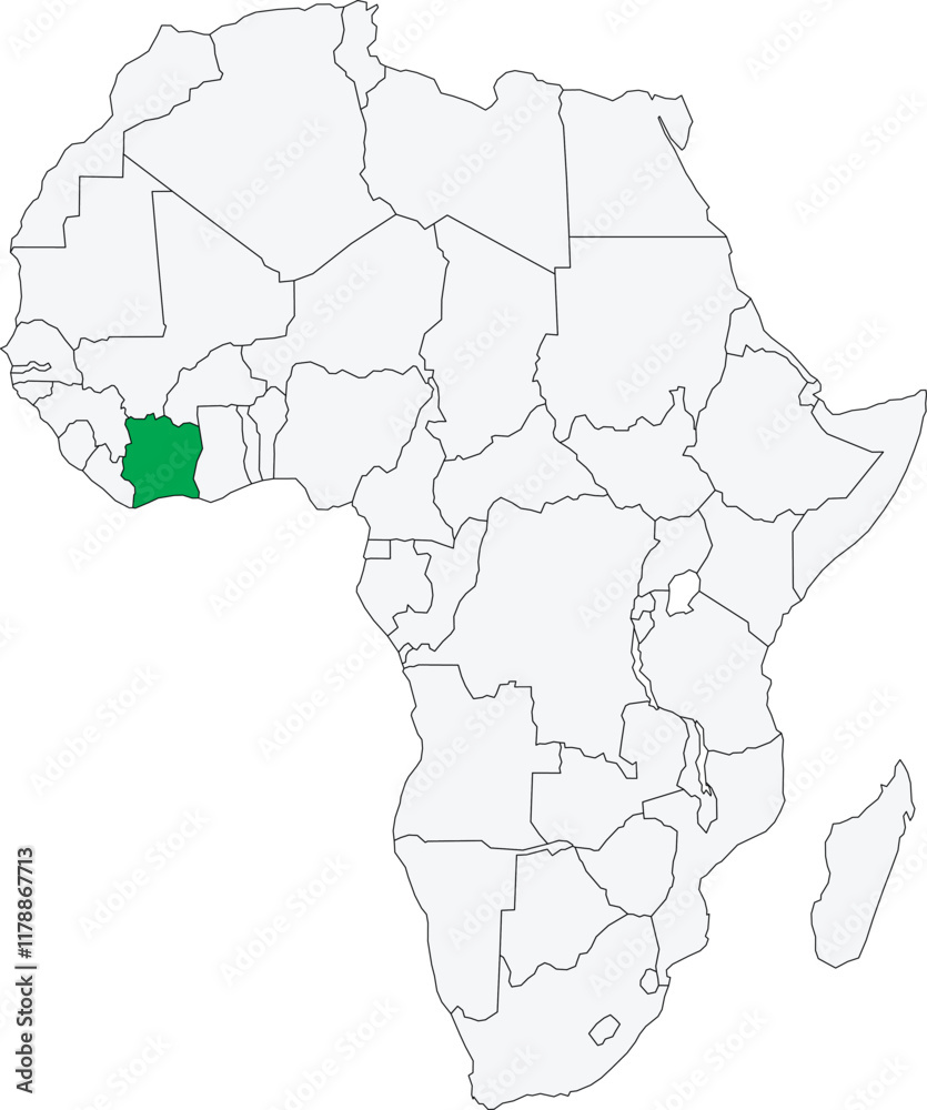 Detailed national location map of IVORY COAST (COTE D'IVOIRE) within the great continent of Africa Detailed national location map of IVORY COAST (COTE D'IVOIRE) within the great continent of Africa