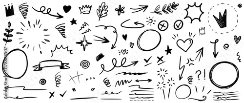 Hand drawn doodle style collection of heart, scribble, star, check mark, spirals, arrow, highlight, speech bubble, underline, sparkles, leaves, wind, lightning, and emphasis element.