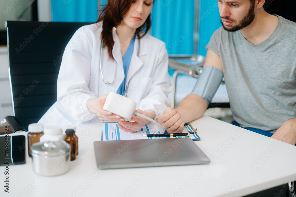 Obraz premium Portrait of female doctor explaining diagnosis to her patient. Doctor Meeting With Patient In Exam Room