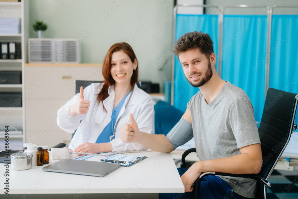 Fototapeta premium Portrait of female doctor explaining diagnosis to her patient. Doctor Meeting With Patient In Exam Room