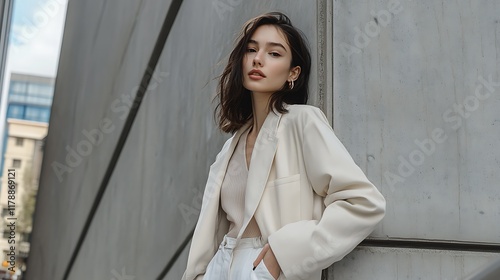 Elegant Woman in Cream Blazer Leaning Against Modern Building
