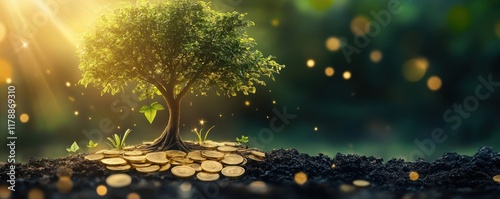 Tree of Wealth Abstract Growth from Golden Coins and Market Data