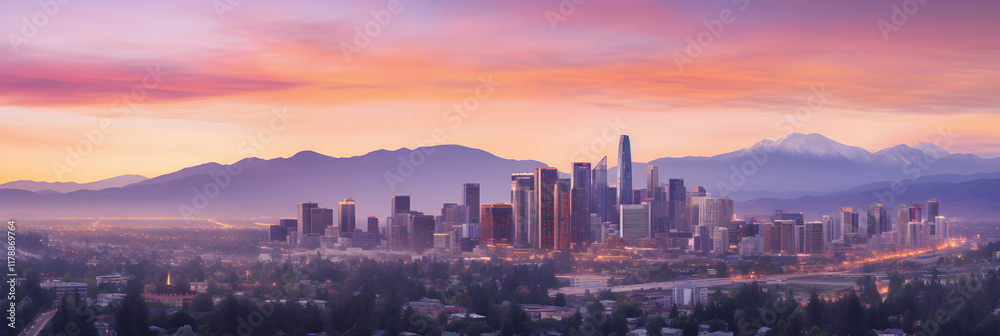 Fototapeta premium Captivating Cityscape during Vibrant Sunset against Silhouetted Skyscrapers & Serene Mountains