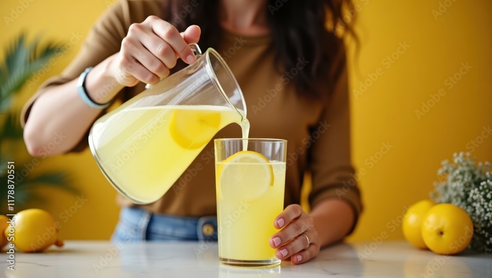 Wompouring lemonade from glass pitcher into cup with slice of lemon on rim, Professional stock photo, AI generated photograph Wompouring lemonade from glass pitcher into cup with slice of lemon on rim, Professional stock photo, AI generated photograph