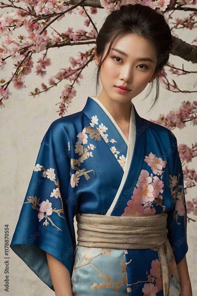 Beautiful Asian woman posing wearing a blue Japanese kimono Beautiful Asian woman posing wearing a blue Japanese kimono