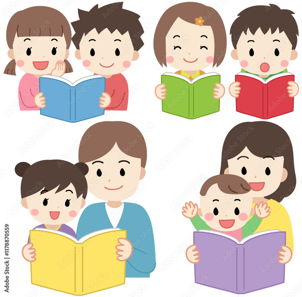 読書をする子供たちと読み聞かせをする家族のイラストセット 読書をする子供たちと読み聞かせをする家族のイラストセット