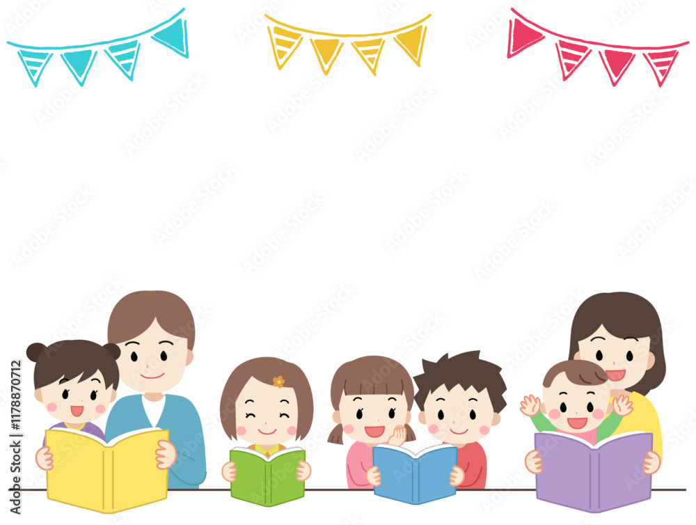 読書をする子供たちと読み聞かせをする家族のガーランドフレーム素材イラスト 読書をする子供たちと読み聞かせをする家族のガーランドフレーム素材イラスト