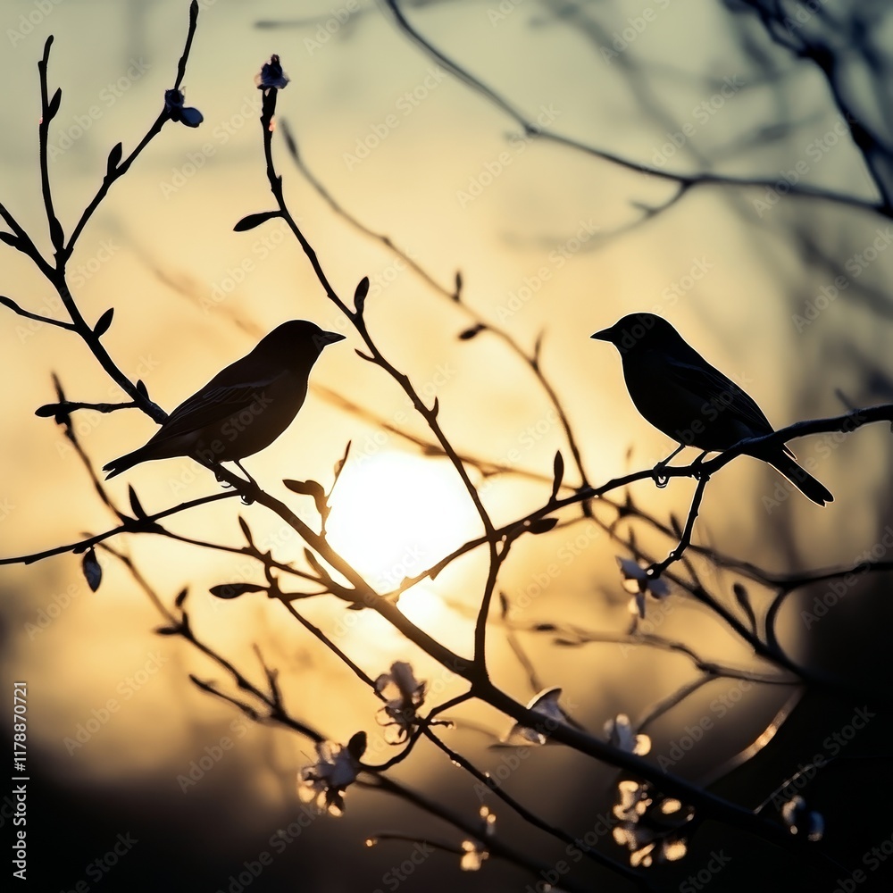 Two birds perched on branches silhouetted against a sunset, surrounded by delicate blossoms, creating a serene and peaceful nature scene. Two birds perched on branches silhouetted against a sunset, surrounded by delicate blossoms, creating a serene and peaceful nature scene.