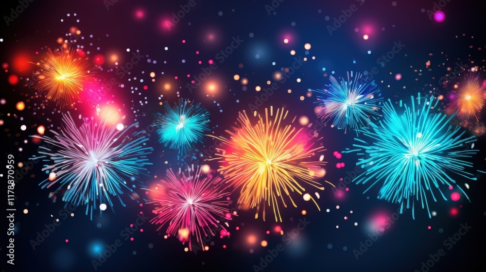Naklejka premium Colorful Abstract Background with New Year Fireworks Display, Celebratory Sparkles, and Bright Light Effects in a Night Sky