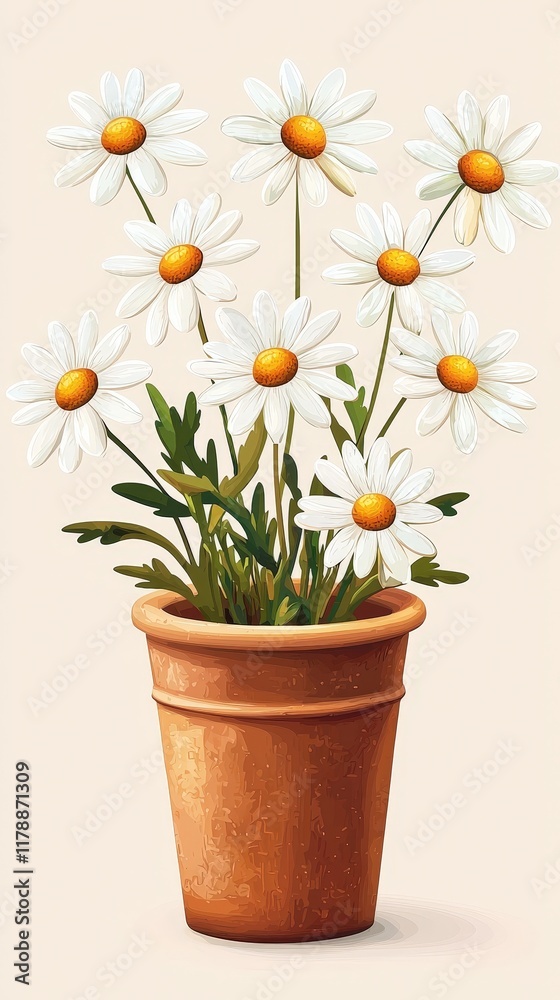 Cartoon flower pot sticker with blooming daisies, isolated on a beige solid background. Cartoon flower pot sticker with blooming daisies, isolated on a beige solid background.
