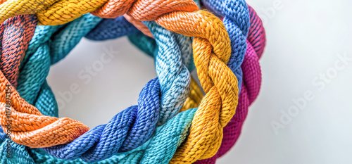 Colorful ropes intertwined to symbolize collaboration and teamwork in a vibrant network on a clean white background photo