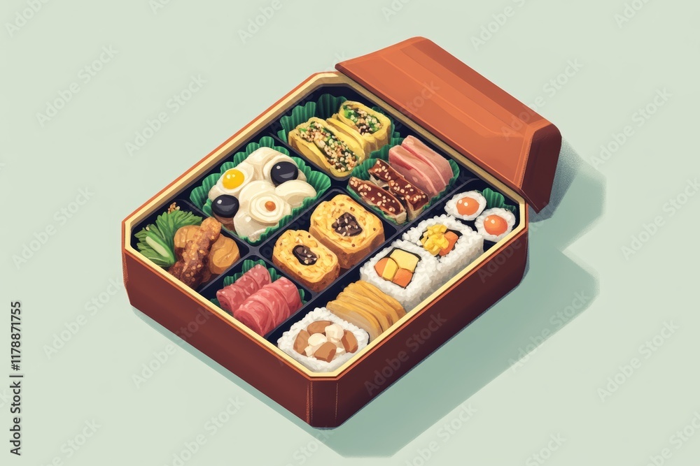A visually appealing bento box featuring an array of sushi and Japanese delicacies. Perfect for showcasing the richness of Japanese cuisine in a colorful presentation. A visually appealing bento box featuring an array of sushi and Japanese delicacies. Perfect for showcasing the richness of Japanese cuisine in a colorful presentation.