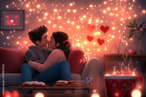 Cozy living room setting with a couple enjoying a romantic movie and warm treats during a heartwarming evening. St Valentines Day