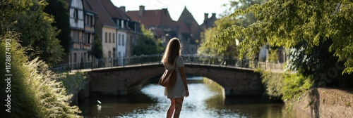 Woman gazes at charming townscape from bridge over a serene canal on a sunny day, embodying tranquility. photo