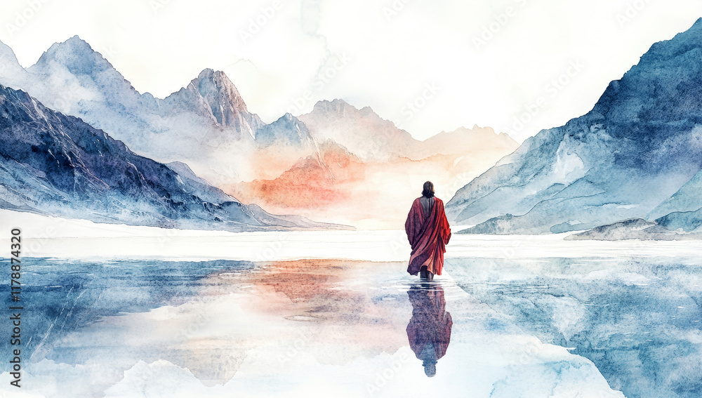 Naklejka premium Lord walks on water towards a white desert surrounded by majestic mountains in serene watercolor hues