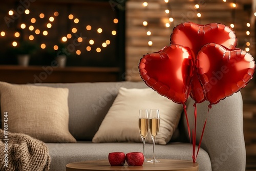 Heart-shaped balloons add charm to a cozy living room decorated with fairy lights and champagne for a festive celebration. St Valentines Day photo