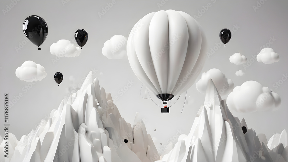 Fototapeta premium 3d render, abstract minimal white and black background with balloon white clouds flying out the tunnel