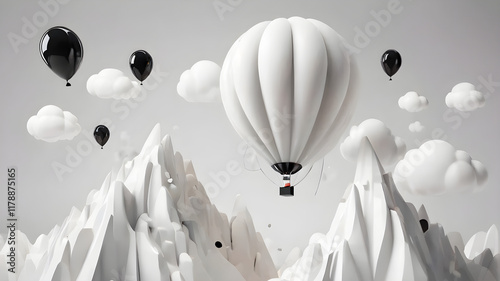 Fototapeta Naklejka Na Ścianę i Meble -  3d render, abstract minimal white and black background with balloon white clouds flying out the tunnel