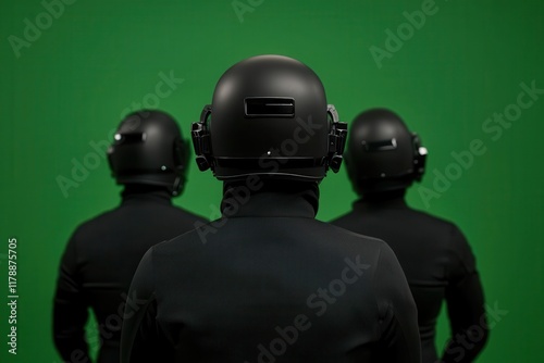 film and television concept. Futuristic green screen set with actors wearing motion-capture suits, emphasizing innovation in VFX and film photo