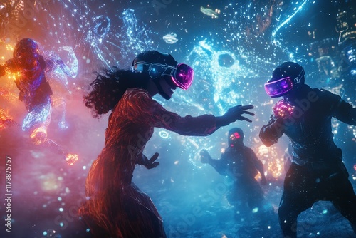 Mixed-reality entertainment poster, characters blending real and digital worlds, dynamic glowing effects photo